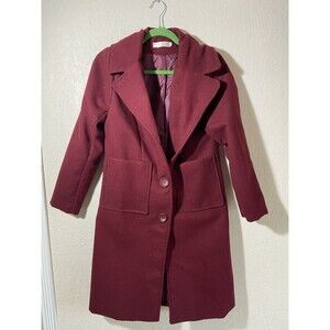 Women’s Winter Burgundy Mid Length Over Coat Buttons Nylon Lining Classic Preppy